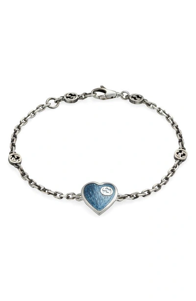 Shop Gucci Extra Small Interlocking-g Blue Heart Bracelet In Silver/ Blue
