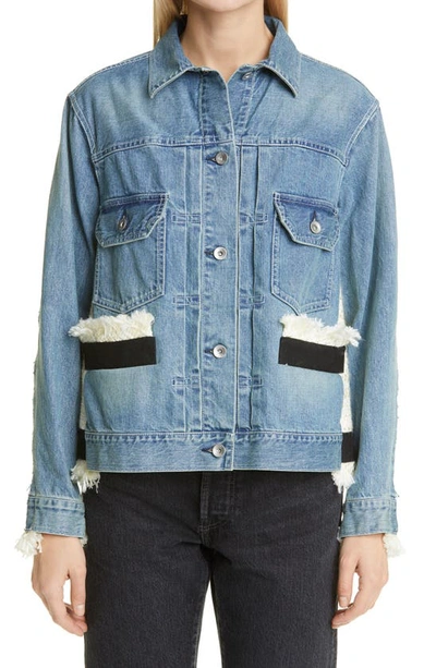 Shop Sacai Tweed Denim Jacket In Light Blue/ Off White