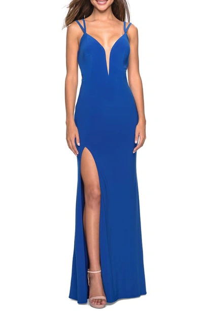 Shop La Femme Strappy Back Jersey Column Gown In Royal Blue