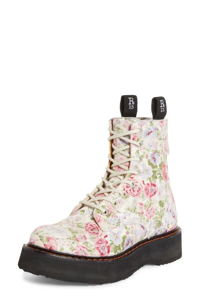 Shop R13 Single Stack Floral Print Combat Boot In White Floral
