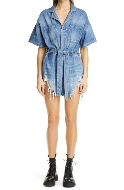 Shop R13 Mick Distressed Denim Romper In Cohen Blue