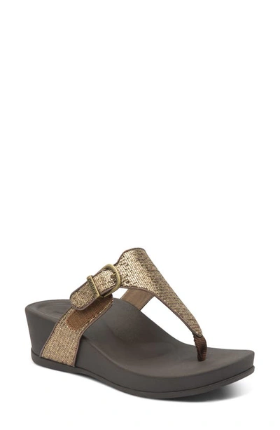 Shop Aetrex Kate Water Resistant Wedge Flip Flop In Bronze Faux Leather