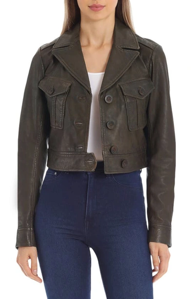 Shop Avec Les Filles Leather Crop Trucker Jacket In Military