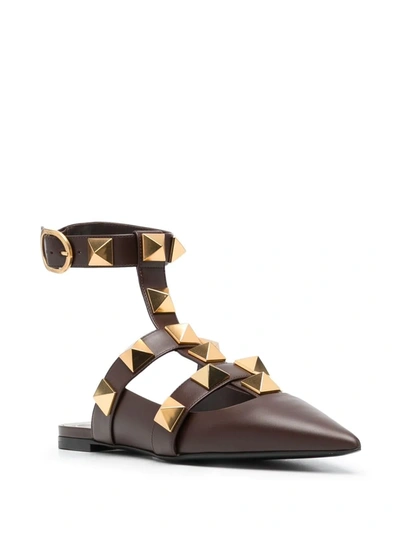 Valentino Roman Stud Leather Ankle Strap Flat In Brown