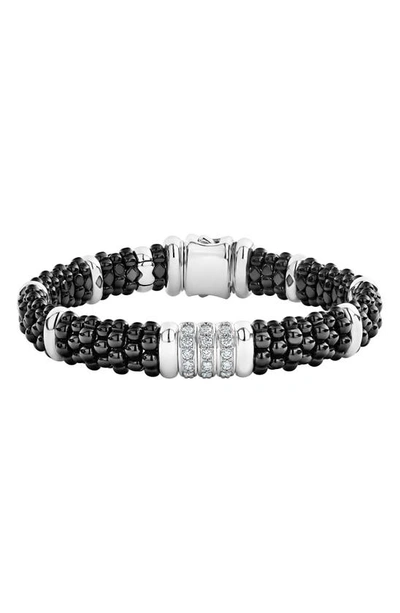 Shop Lagos Black Caviar Diamond 3-link Bracelet In Silver/ Black
