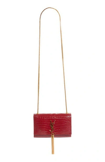 Shop Saint Laurent Small Kate Croc Embossed Leather Shoulder Bag In Opyum Red