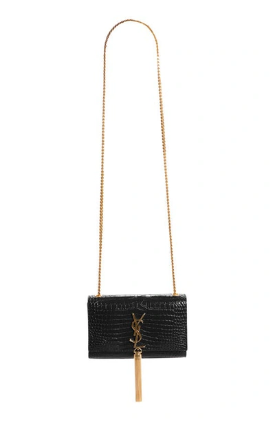Shop Saint Laurent Small Kate Croc Embossed Leather Shoulder Bag In 1000 Nero