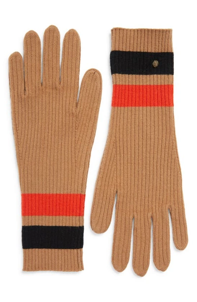 Shop Burberry Monogram Motif Stripe Merino Wool & Cashmere Gloves In Warm Camel