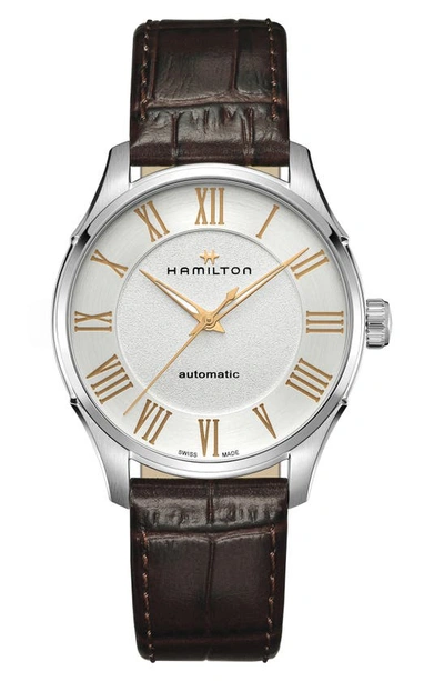 Shop Hamilton Jazzmaster Automatic Leather Strap Watch, 40mm In Silver/brown