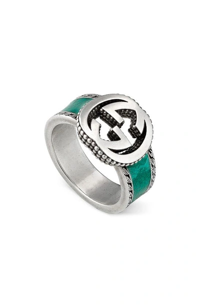 Shop Gucci Interlocking-g Band Ring In Silver/ Turquoise