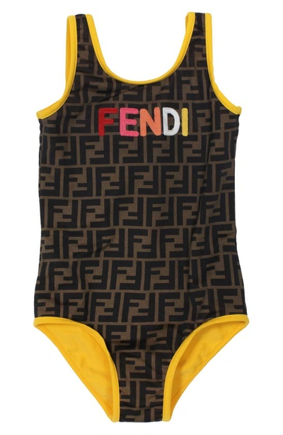 Shop Fendi Kids' Ff Logo One-piece Swimsuit In Brown
