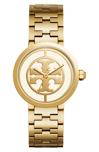 Shop Tory Burch Reva Logo Dial Bracelet Watch, 36mm In Gold/ Ivory/ Gold