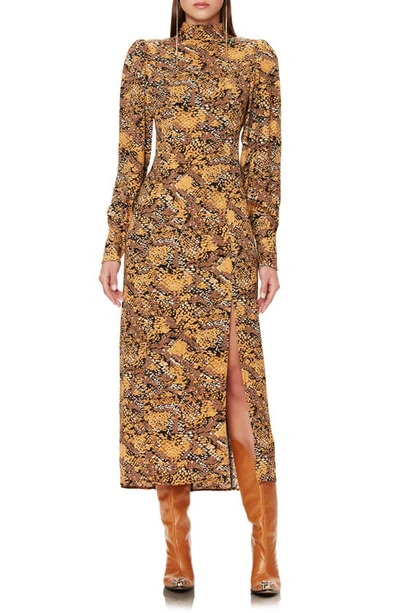 Shop Afrm Bobbie Long Sleeve Mock Neck Midi Dress In Golden Snake