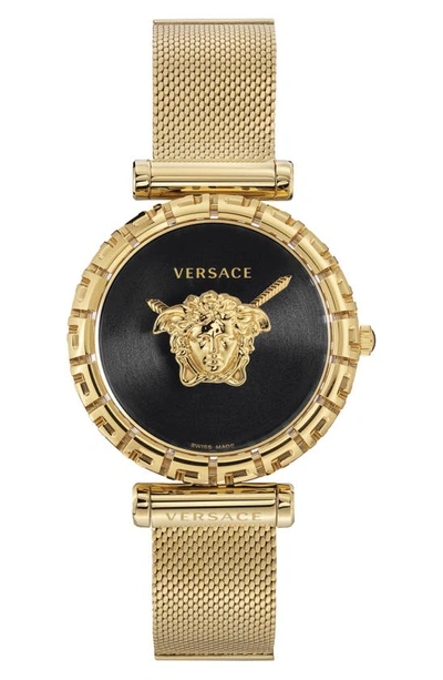 Shop Versace Palazzo Empire Greca Mesh Strap Watch, 37mm In Gold/ Black/ Gold