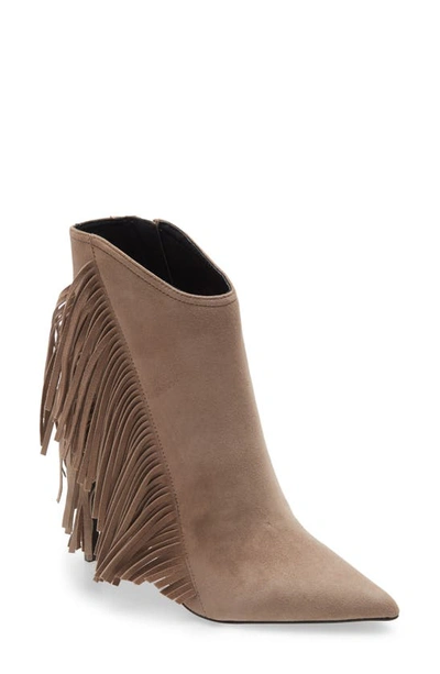Shop Allsaints Izzy Fringe Pointed Toe Bootie In Taupe Suede