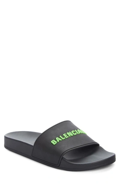 Shop Balenciaga Logo Slide Sandal In Black/ Green