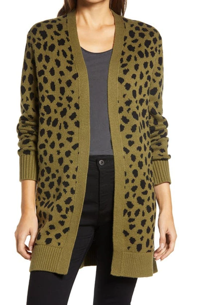 Shop Lucky Brand Leopard Open Front Cardigan In Winter Moss