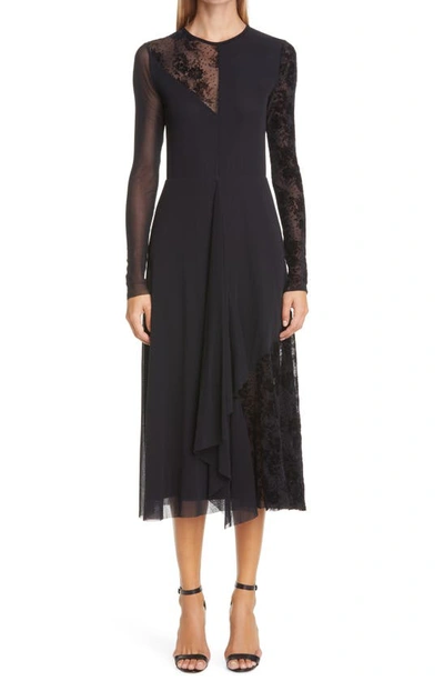 Shop Fuzzi Floral Flocked Inset Long Sleeve Midi Dress In Nero