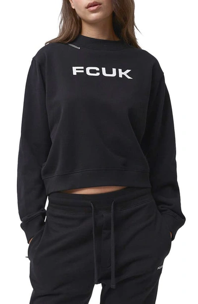 Shop Fcuk Crop Crewneck Sweatshirt In Black