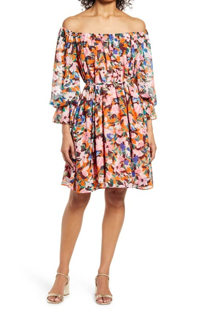 Shop Donna Morgan Floral Long Sleeve Crepe Dress In Tangerine/ Pink