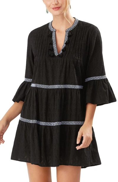 Shop Tommy Bahama Embroidered Tiered Cotton Cover-up Dress In Black