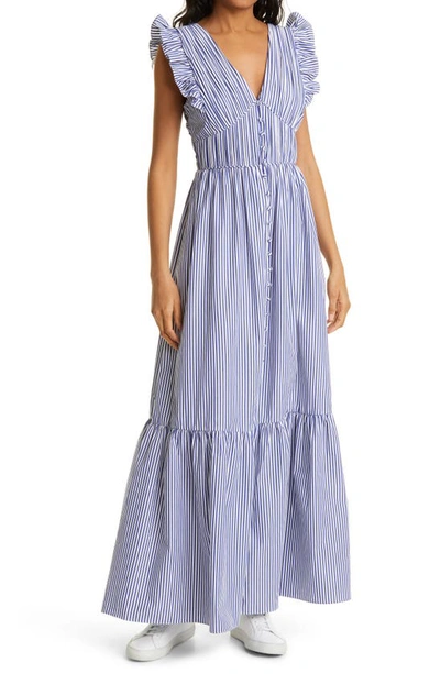 Shop Self-portrait Stripe Ruffle Cotton Dress In Multi Colour