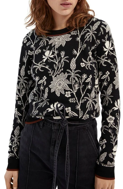 Shop Scotch & Soda Floral Intarsia Cotton Sweater In Black
