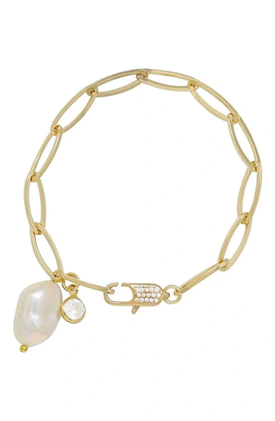 Shop Ettika Freshwater Pearl Paperclip Chain Bracelet In Gold