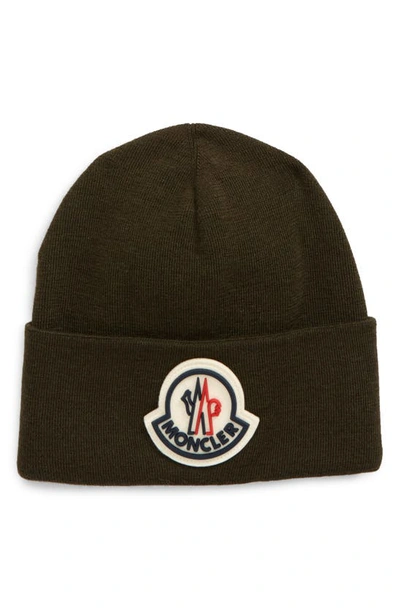 Shop Moncler Logo Patch Wool Beanie In Green