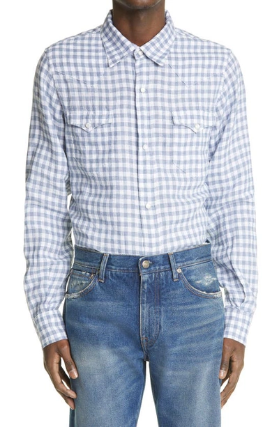 Shop Alanui Western Gingham Linen Shirt In Light Blue Lapponia White