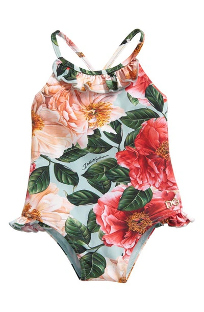 Shop Dolce & Gabbana Camellia Print One-piece Swimsuit In Pink Camelie