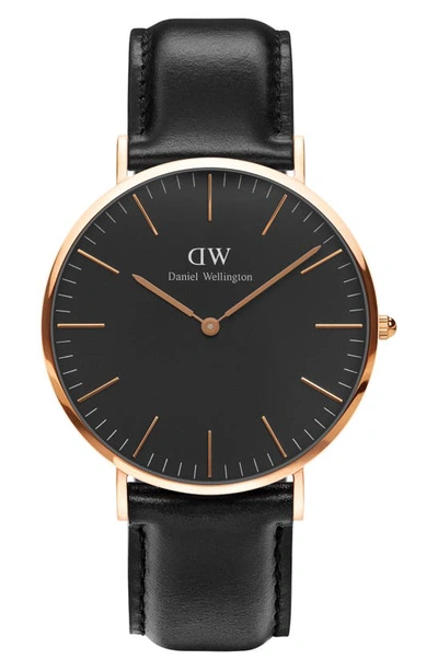 Shop Daniel Wellington Classic Sheffield Leather Strap Watch, 40mm In Black/ Rose Gold