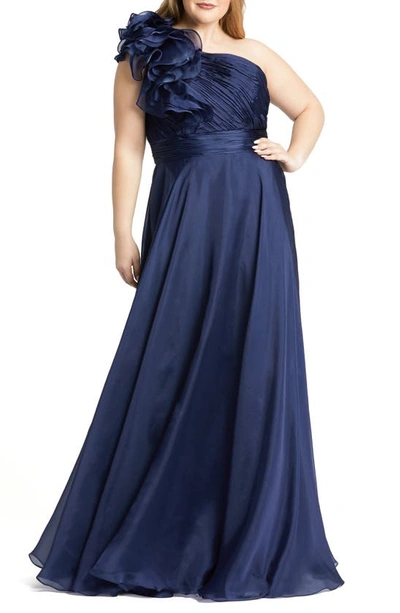 Shop Mac Duggal Satin Floral One-shoulder Gown In Midnight