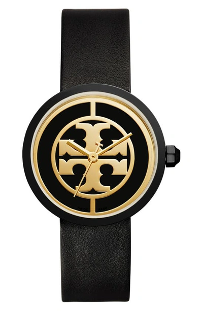 Shop Tory Burch Reva Logo Dial Leather Strap Watch, 36mm In Black/ Gold