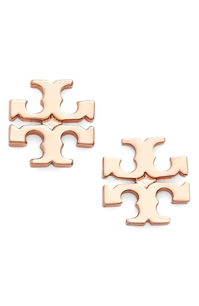 Shop Tory Burch Logo Stud Earrings In Rose Gold