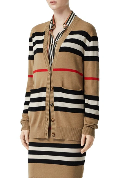 Shop Burberry Scioto Icon Stripe Merino Wool Cardigan In Archive Beige