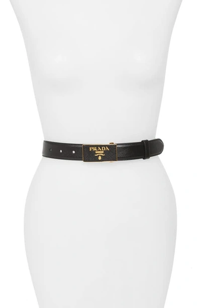 Shop Prada Square Logo Plate Saffiano Leather Belt In Nero/ Gold