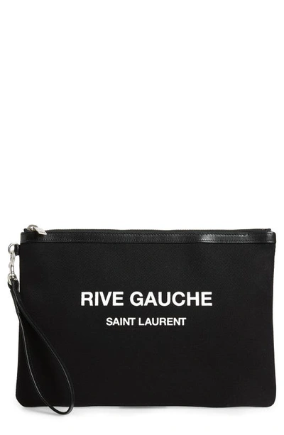Shop Saint Laurent Rive Gauche Canvas Pouch In Noir/ Blanc