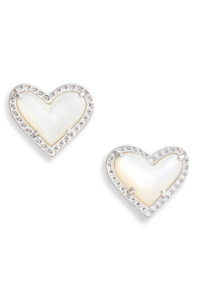 Shop Kendra Scott Ari Heart Stud Earrings In Rhodium/ Ivory Mop