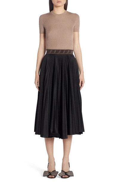 Shop Fendi Ff Band Pleated A-line Midi Skirt In Black