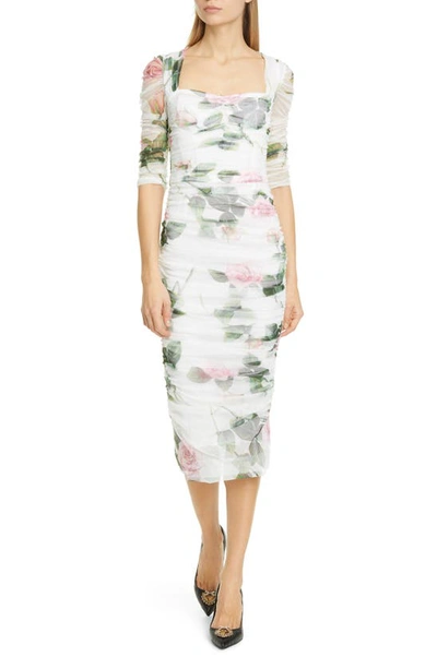 Shop Dolce & Gabbana Rose Print Ruched Tulle Midi Dress In White