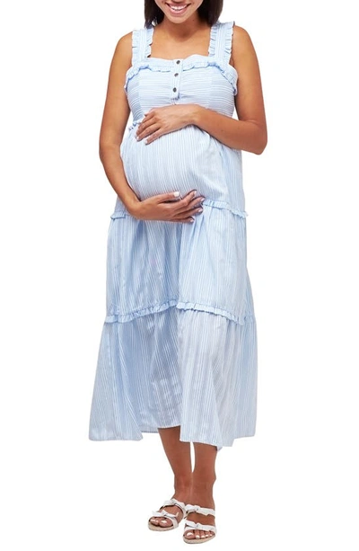 Nom Maternity Emma Tiered Floral During & After Dress In Sky Stripe