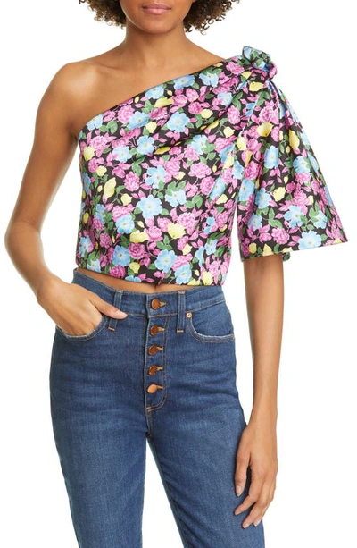 Shop Amur Anastasia Floral One-shoulder Crop Top In Black Anemone Floral