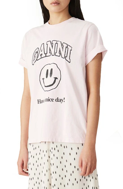 Shop Ganni Happy Face Organic Cotton Graphic Tee In Cherry Blossom