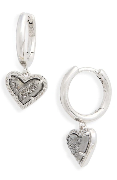 Shop Kendra Scott Ari Heart Huggie Hoop Earrings In Platinum Drusy