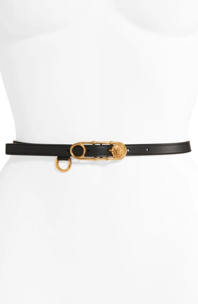 Shop Versace Safety Pin Buckle Leather Belt In Black/ Gold Tribute
