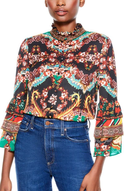 Shop Alice And Olivia Liberty Tiered Ruffle Button Front Blouse In Spellbound Multi