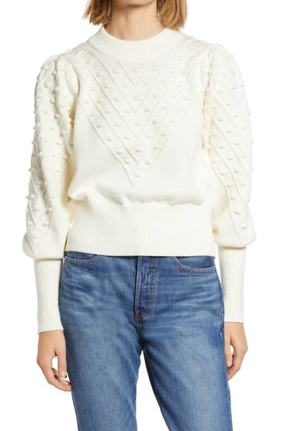 Shop French Connection Bishop Sleeve Crop Cotton Blend Bobble Sweater In Winter White