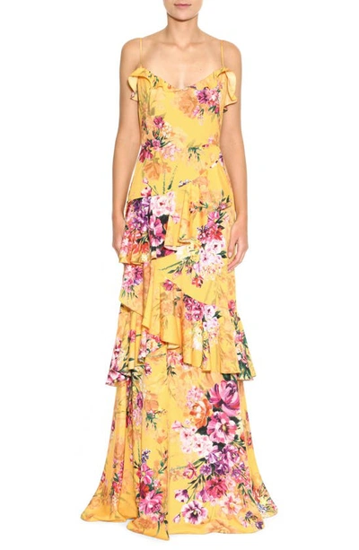 Shop Marchesa Notte Floral Print Crepe Gown In Marigold