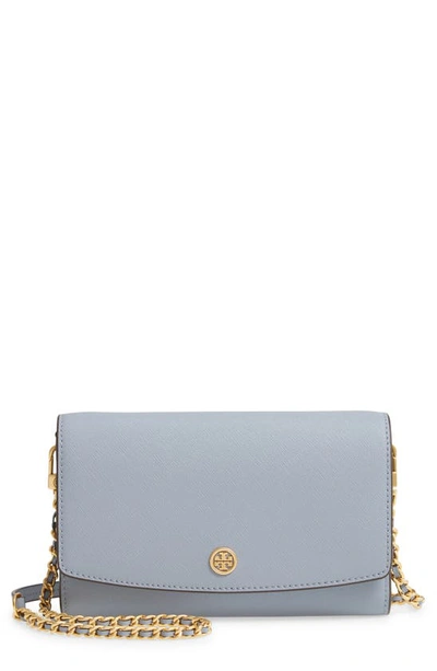 Shop Tory Burch Robinson Leather Wallet On A Chain In Cloud Blue/ Rolled Brass
